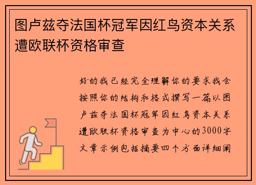 图卢兹夺法国杯冠军因红鸟资本关系遭欧联杯资格审查